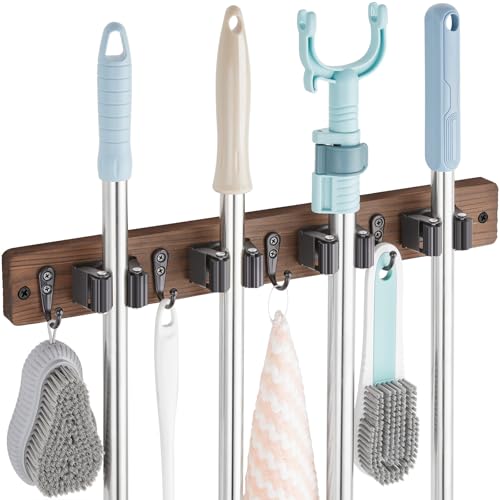 Rustic Wood Mop and Broom Holder Wall Mount with 4 Slots and 4 Hooks