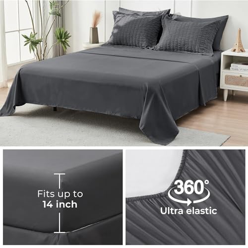 HYMOKEGE Queen Seersucker Comforter Set 7-Piece Bed in a Bag Dark Grey