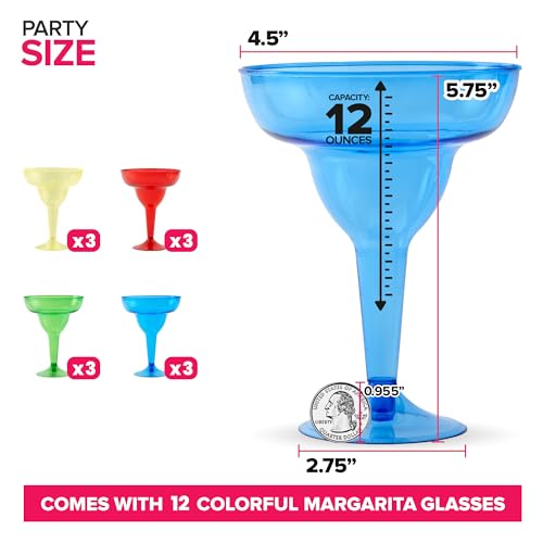 12 Pack Multicolor Disposable Margarita Glasses - 12 oz Hurricane Cups for Parties & Cocktails