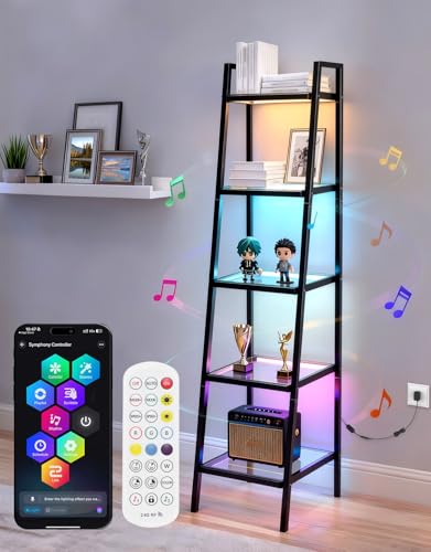 5-Tier Glass Display Shelf with RGB LED Lights, 67-inch Ladder Bookshelf