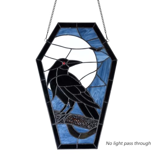 Bieye Gothic Raven Stained Glass Window Panel - Halloween Sun Catcher, Coffin Shape, 16 Inches