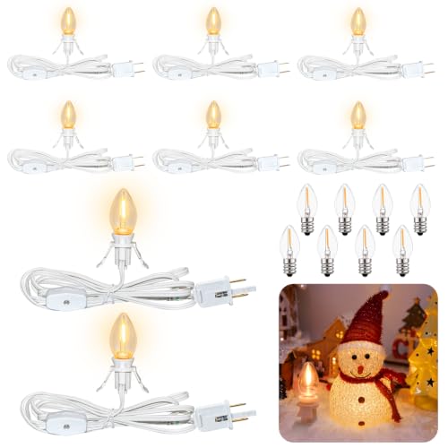 SOTOPOO 8-Piece 6ft White Lamp Cord with Switch + 16 C7 LED Bulbs, Energy 0.6W, UL/IP44, for Seasonal Village & Halloween Lights - White-LED Bulb Variation