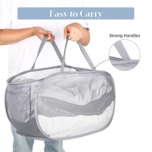 Collapsible Mesh Laundry Hamper with Side Pocket and Reinforced Handles