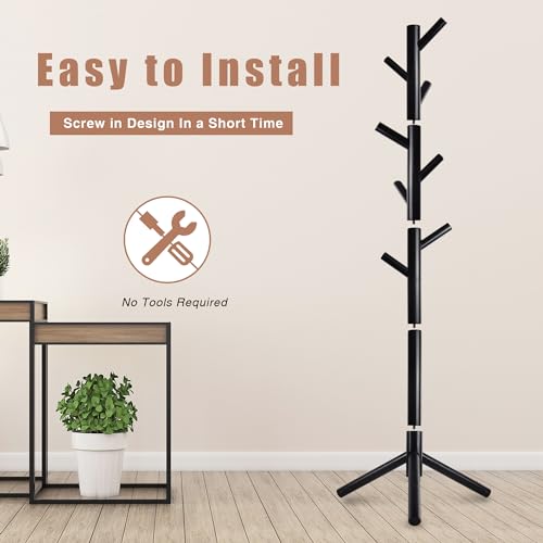8-Hook Freestanding Coat Rack, Adjustable Height Solid Wood Coat Tree