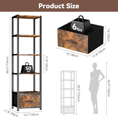 6-Tier Tall Corner Bookshelf with LED Lights and Fabric Drawer, 60.6-inch
