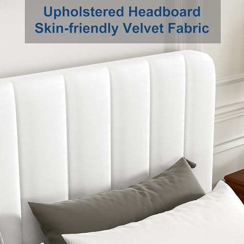 Full Size Velvet Upholstered Platform Bed Frame with 4 Storage Drawers, White