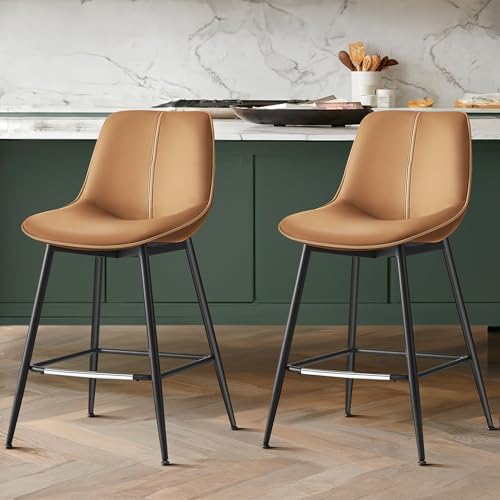 Counter Height Bar Stools with Back - Set of 2, Caramel Brown