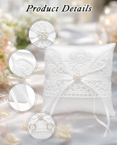 2 PCS Lace Pearl Ring Bearer Pillow Set with Bowknot for Wedding Ceremony
