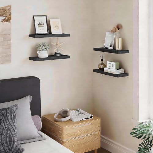 BAYKA Floating Shelves for Wall - Rustic Wood Hanging Shelves, Set of 3 (Black, 15.7in)