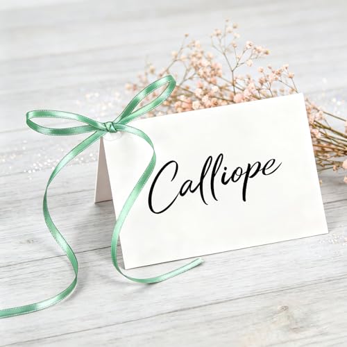 60 Set Pre-Tied Bow Wedding Name Place Cards with Satin Ribbon Sage Green