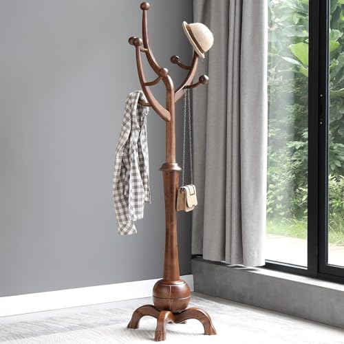 Solid Wood Freestanding Coat Rack, 8-Hook Tree Branch Design, Walnut Brown