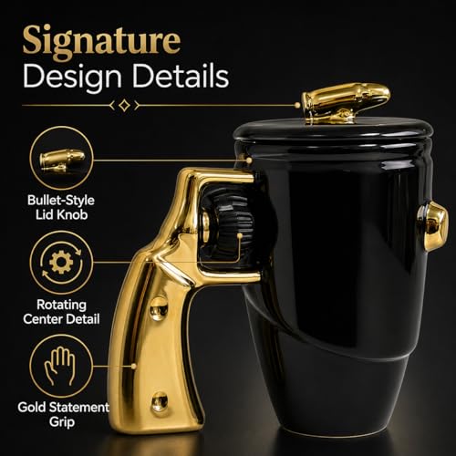 Revolver Mug with Lid - 16 oz Gold Gun Design Ceramic Coffee Cup with Spin Handle - Novelty Gift for Men Dad Husband