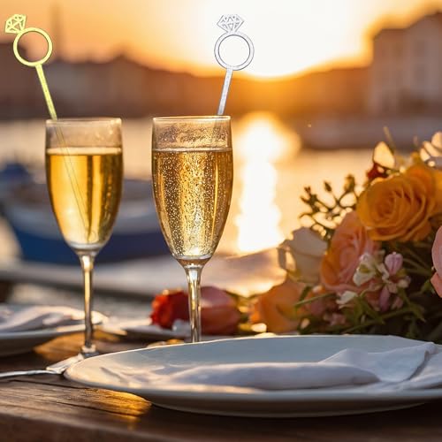 SiliFine 30 Pcs Diamond Ring Drink Stirrers - Golden & Silver Wedding Cocktail Picks