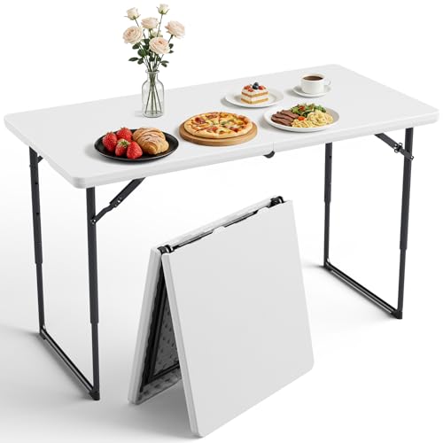4ft Adjustable Height Folding Table, Heavy Duty Portable Plastic Table
