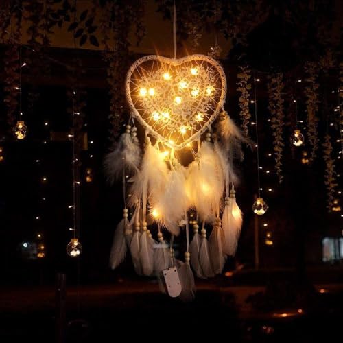 Heart-Shaped LED Dream Catcher Wall Hanging with Feathers and Lights