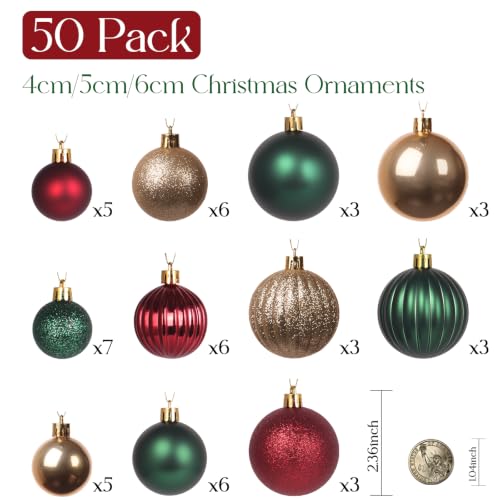 EverEtreinte Burgundy Dark Green Gold Christmas Ornament Set - Shatterproof Holiday Decor, 50 Pieces