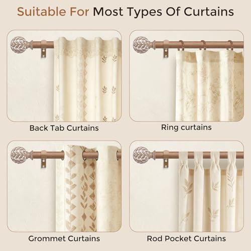 Boho Rustic Curtain Rod 36-91 Inch - Heavy Duty 1 Inch Rod with Leaf Finials