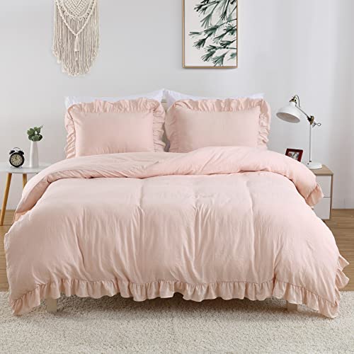 Pink Ruffled Duvet Cover Set - Twin Size Vintage French Country Bedding