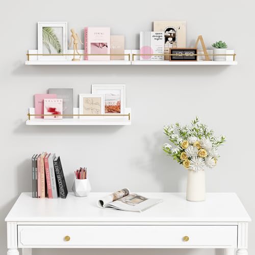 Floating Wall Shelves Set of 3 White and Gold with Guard Rail