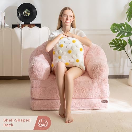 Convertible Faux Fur Floor Sofa Bed, Scalloped Bean Bag Lounger Chair