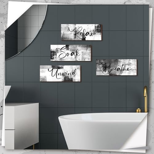 4-Piece Modern Bathroom Wall Art Set, 10x4 Inch Black and White Wooden Signs