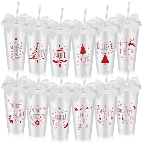 Potchen 12 Pcs Christmas Plastic Tumblers with Lids, Straws, Bow in White - 24 oz Travel Cups