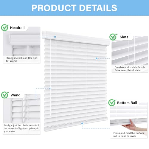 Cordless Faux Wood Blinds - 34" W x 60" H - Indoor Window Shades