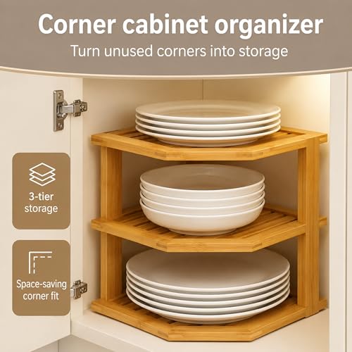 3-Tier Bamboo Corner Cabinet Organizer for Plates, Bowls, and Mugs