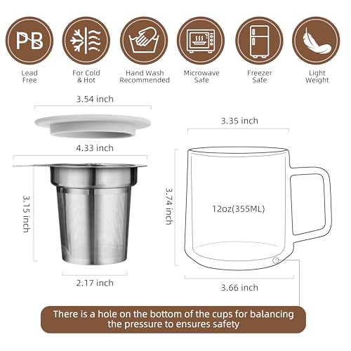 CNGLASS 12oz Double Walled Borosilicate Glass Tea Cup with Steel Infuser & Lid - Set of 1