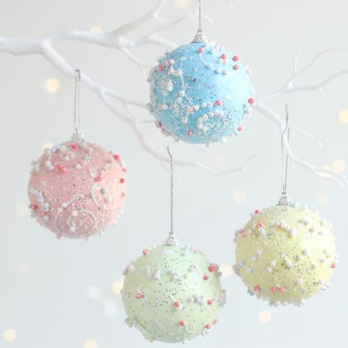 Pastel Glitter Foam Christmas Ornaments 12-Piece Set, Shatterproof Balls in Pink, Blue, Yellow & Mint