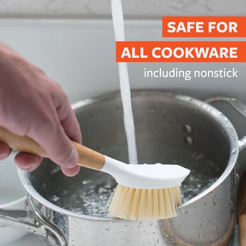 Bamboo Handle Dish Scrub Brush with Built-In Scraper for Pots & Pans