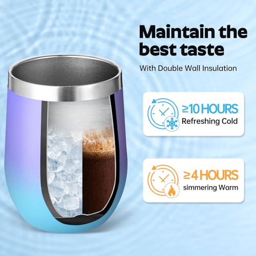 Volhoply 12oz Stainless Steel Wine Tumblers 8-Pack with Purple Blue Lid, Double-Walled Vacuum, Reusable Gift Set