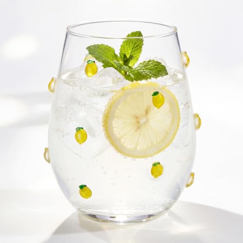 20 oz Lemon Print Stemless Glass Cup for Juice, Iced Coffee and Cocktails