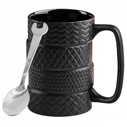 LOZACHE 500ml 3D Tire Funny Mug with Spoon & Handle – Black 03, Large Ceramic Coffee Cup for Dad, Mechanic Gift