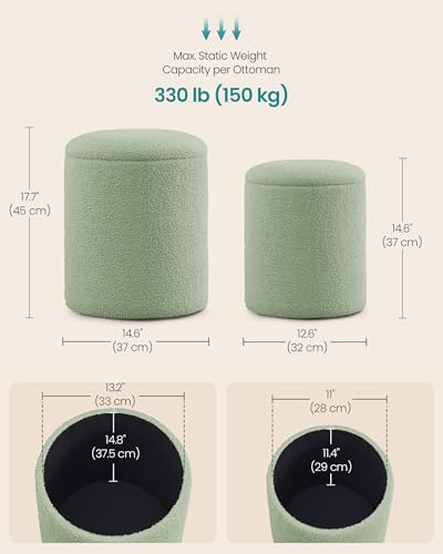 SONGMICS Set of 2 Round Storage Ottomans with Teddy Fleece Upholstery
