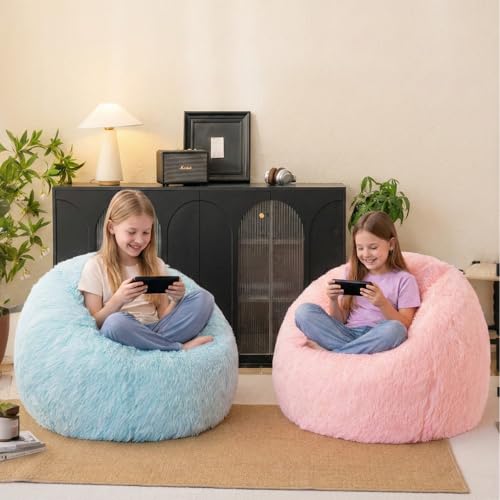 Pink Faux Fur Bean Bag Chair Cover - Plush Shaggy Storage Bean Bag