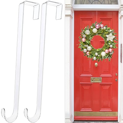 Clear Over the Door Wreath Hangers - 15 Inch Non-Scratch Hooks (2 Pack)
