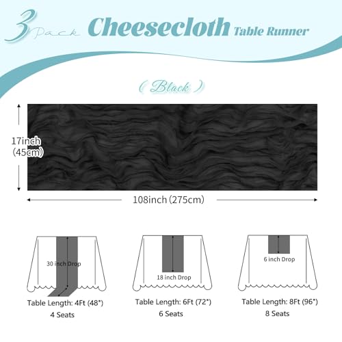 3 Pack Black Cheesecloth Table Runner, 17 x 108 Inch Semi-Sheer Boho Decor