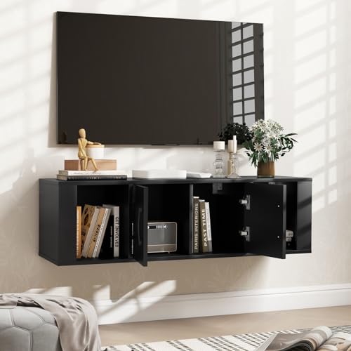 Wall Mounted Storage Cabinet, 4-Compartment Floating Media Console in Black