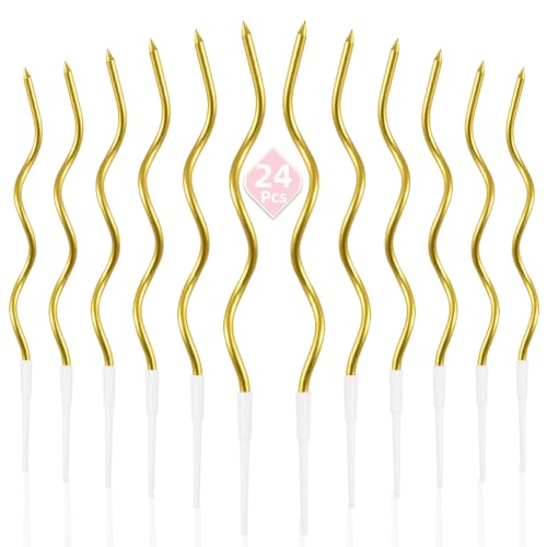 Gold Metallic Spiral Birthday Cake Candles with Holders - 24 Pack