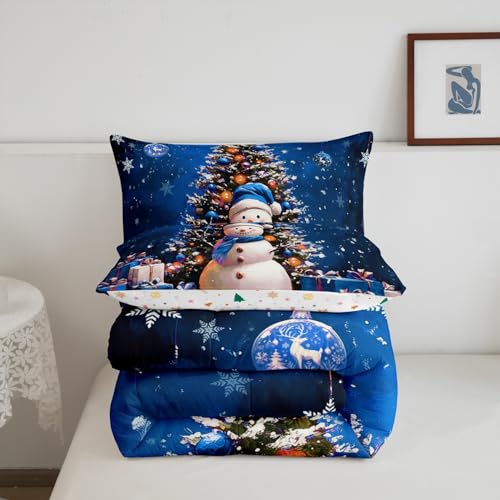 Christmas Tree Snowman Snowflake Kids Comforter Set Queen Size Blue Green White