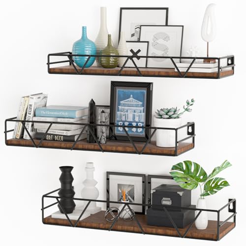 Floating Shelves Set of 3 Wood Wall Shelf with Metal Guardrail