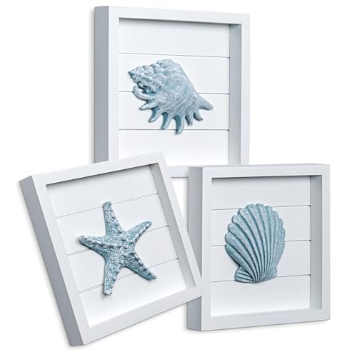 3D Coastal Wall Art Set, Textured Seashell Decor for Bathroom, 7" x 7"