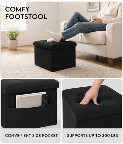 Small Velvet Storage Ottoman with Side Pocket, Foldable Footrest 16x12x12