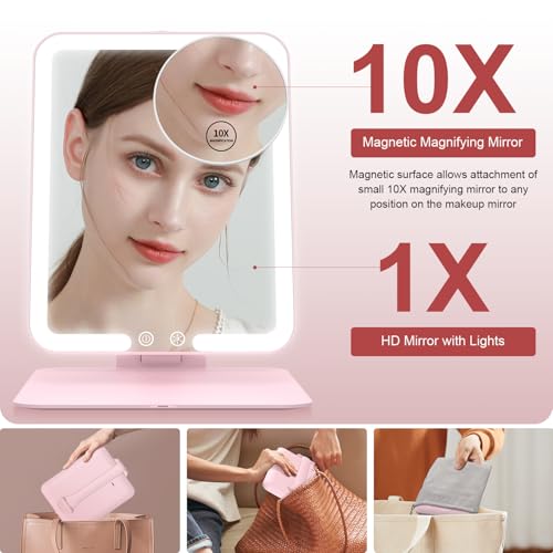 Gospire Travel Makeup Mirror with Lights and Magnification 10X, Pink