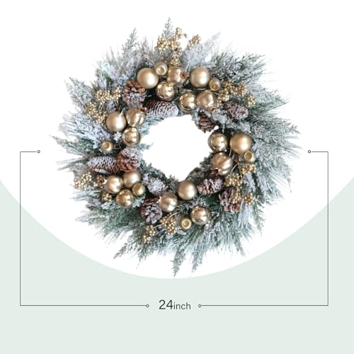 CIR OASES 24 Inch Artificial Christmas Wreath with Pine Needles & Gold Accents