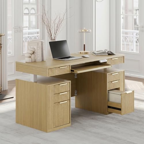 59-Inch Electric Standing Desk with 8 Drawers, Keyboard Tray & Charging Port