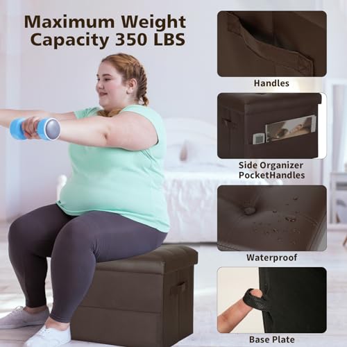 Foldable Faux Leather Storage Ottoman Foot Rest, Brown - 17x13x13in