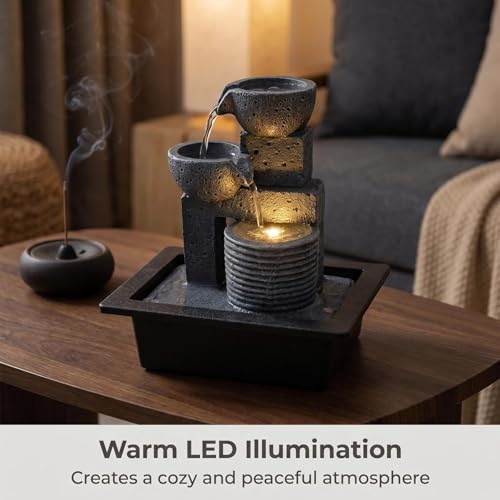 Tabletop Water Fountain - 3-Tier Indoor Waterfall with LED Light & Quiet Pump