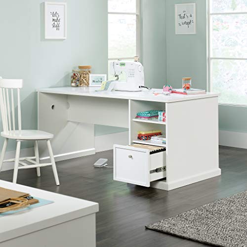 Modern Craft Table with Storage, White Work Desk for Sewing and Scrapbooking